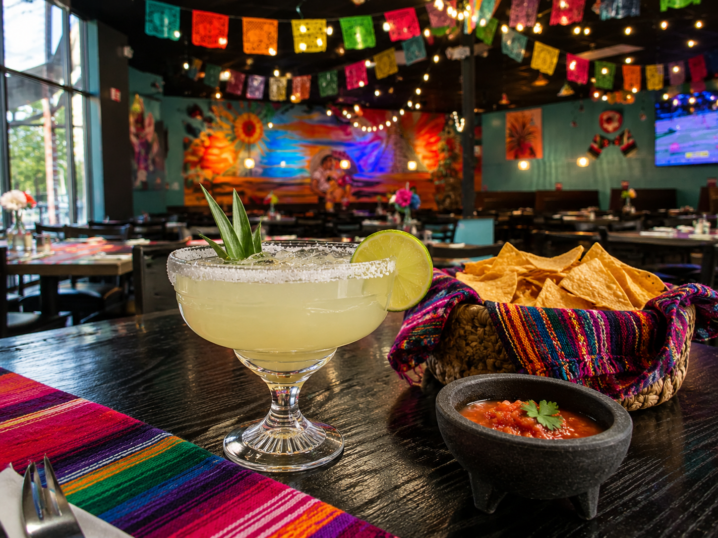 REPLACE → margarita, chips & salsa on a colorful table